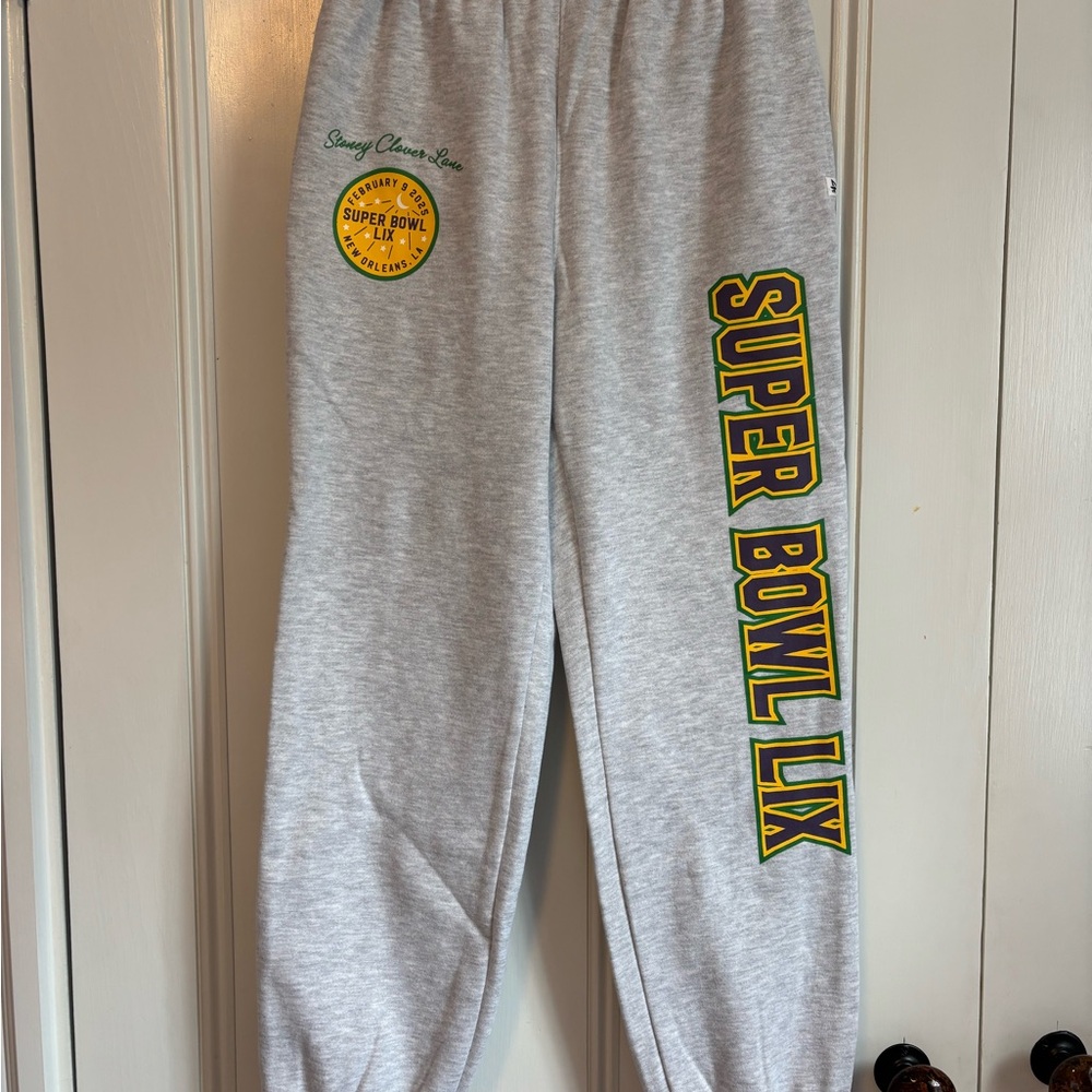 Stoney Clover Lane Gray Sweatpants with Green & Yellow Super Bowl LIX Graphics